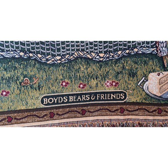 Vintage Boyds Bears & Friends Woven Tapestry Throw Blanket Garden Tea Party MWW - Picture 3 of 10